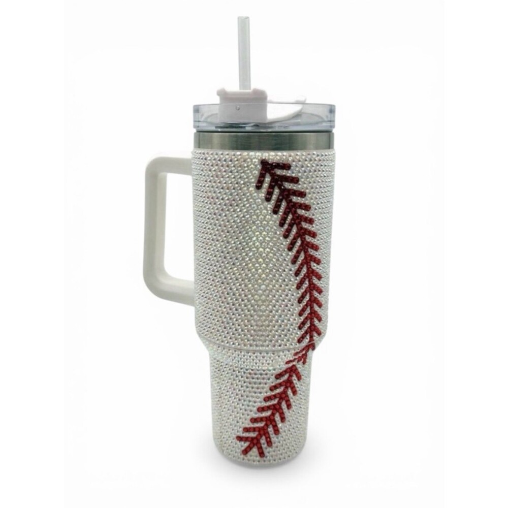40oz Rhinestone Baseball Tumbler Mug Handle Straw Bling Sports Travel Cup